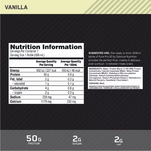 Optimum Nutrition Pure Pro 50 Vanilla 508ml (12 bottles) South Africa | ZDBTKY-861